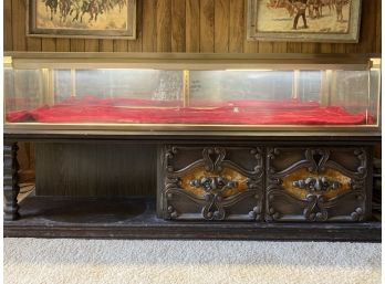 Long Glass & Metal Display Case With Red Velvet Cloth & Lock (Key Unknown) With Long Wooden Table Hutch