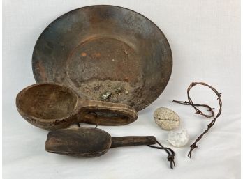 Two Incredible Antique Hand Carved Ladles & Gold Mining Pan With Barbed Wire & Rock