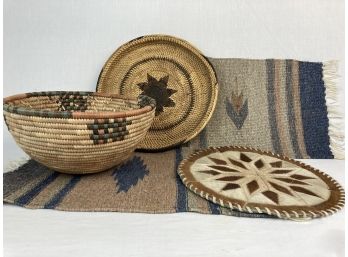 Beautiful Southwestern Lot Featuring 2 Hand Woven Baskets, Woven Rug & Round Rawhide Decorative Pad