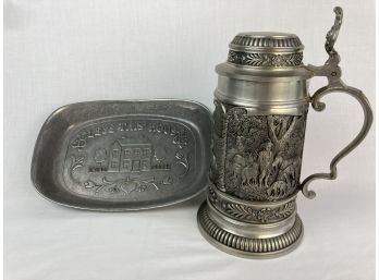 Pewter Stein With Hinged Lid & Pewter Bless This House Platter
