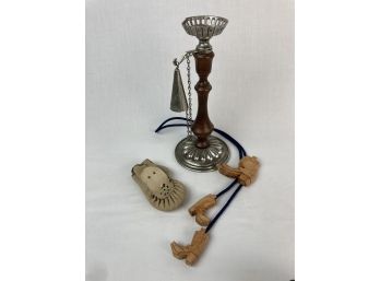 Elaborate Candelabra With Extinguisher & Chain With Single Childs Moccasin & Carved Cowboy Boots