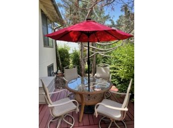 Patio Set With 4 Chairs, Glass Top Woven Table & Red Umbrella With Built In LED Lights ( See Photos)