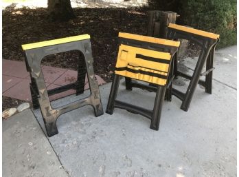 Set Of Three Black & Yellow Plastic Folding Sawhorses (one With Organizing Canvas Bag)