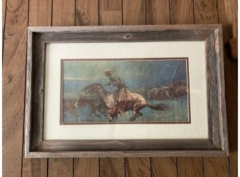 The Stampede, Frederic Remington Vintage Print With Rustic Wood Frame
