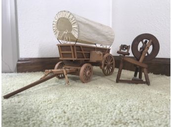 Cute Handmade Wooden Miniature Spinning Wheel & Miniature Covered Wagon