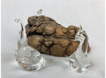 Glass Quail Figurines On Drift Wood Base ( See Photos For Condition)