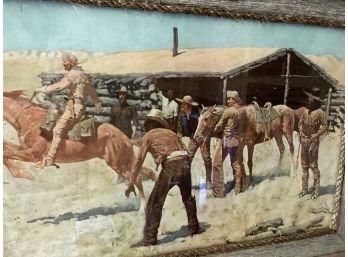 Rough Wood Frame With Braided Rope Detail- Vintage Cowboy Scene