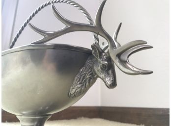Metal Pedestal Tray Dish With Buck Deer Motif & Handle Believed To Be Pewter