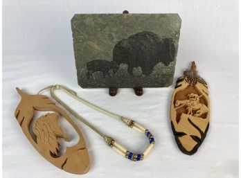 Assorted Native  & Western Style Art Pieces- Wood Cut Outs, Buffalos On Stone & Necklace