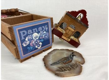 Mixed Lot Featuring Hand-painted Quail On Agate Slice, Spanish Style Building Nightlight, & Wood Crate