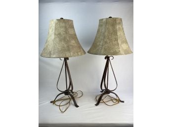 Set Of 2 Metal & Leather Lamp Shade Lamps