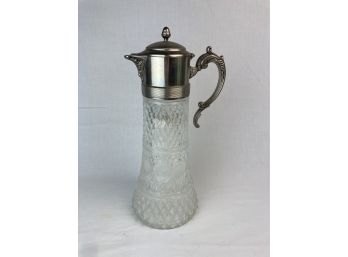 Tall Unique Stylized Clear Glass Pitcher With Silver Colored Handle & Lid