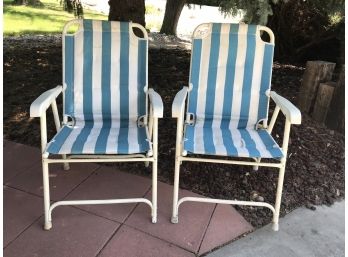 Two Striped Folding Lawn Chairs (see Photos For Condition)