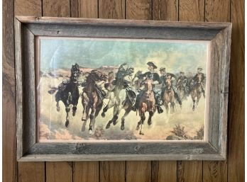 Vintage Print Frederic Remington Dismounted Moving Led Horses In Rustic Wood Framed