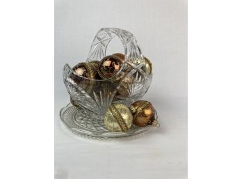 Molded Glass Basket & Round Tray With Gold Decorative Ornaments