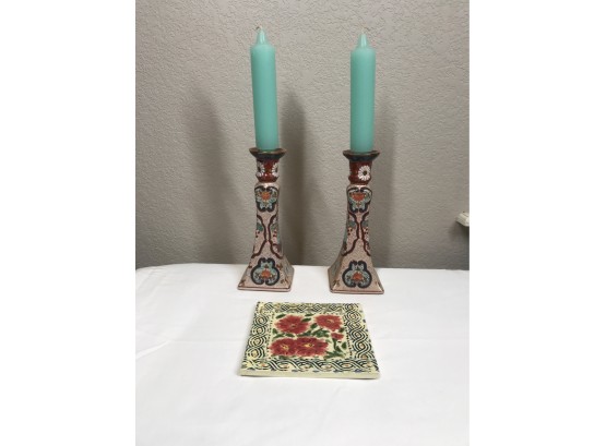 Pretty Decorative Ceramic Candleholders & Floral Ceramic Tile