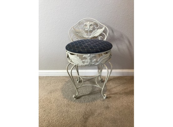Cream Colored Iron Vanity Stool With Upholstered Seat