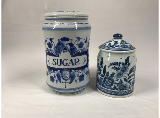 Pair Of Blue And White Floral Delft Ceramic Jars With Lids-See Photos For Details