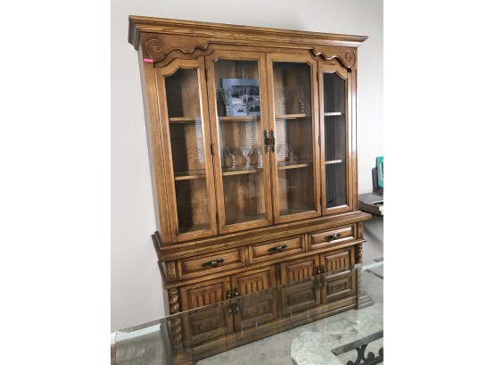 Beautiful Wood Hutch With Carved Accents,Glass Front Doors And Glass Shelving- Contents Included