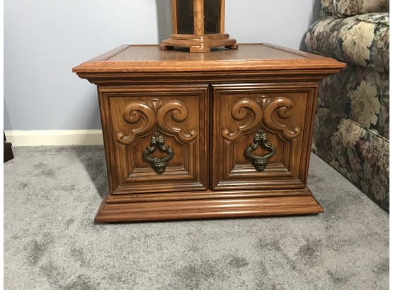 Matching  Side Tables With Ornate Cabinet Doors