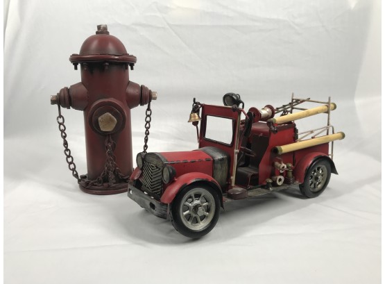Metal Hydrant Bank & Old Fashion Style Metal Fire Truck Decor