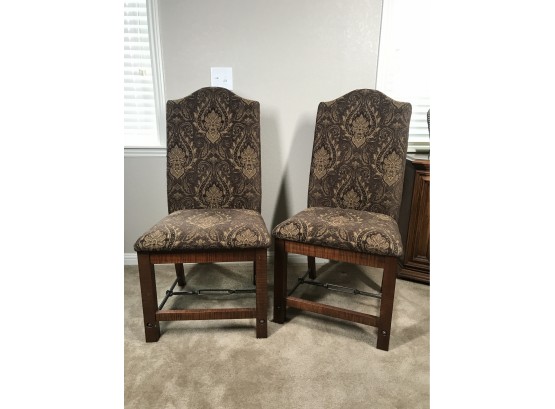 Nice Pair Of Brown Upholstered Chairs With Rustic Wooden Legs And Metal Accent