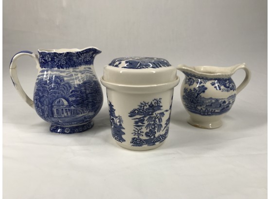 Trio Of Vintage Blue& White- Made In England Pottery- See Photos For Condition