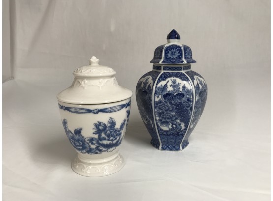 Pair Of Vessels With Lids -blue And White Ceramic