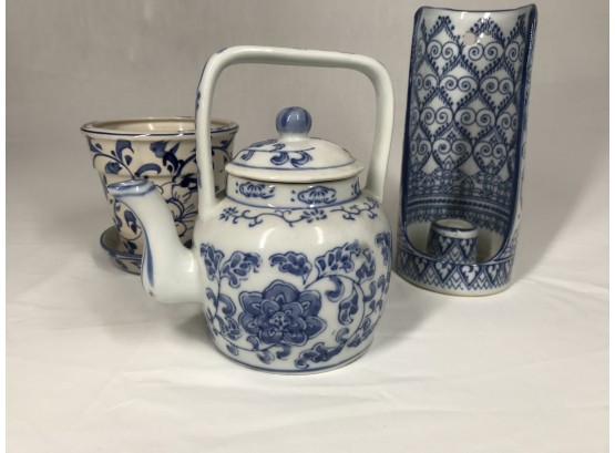 Trio Of Blue And White Pottery- Flower Pot, Teapot, Ceramic Candle Sconce