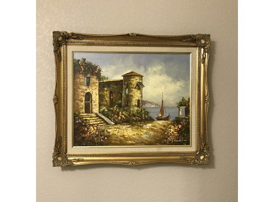 Beautiful Gold Tone Framed Canvas Of Italian Villa Scene
