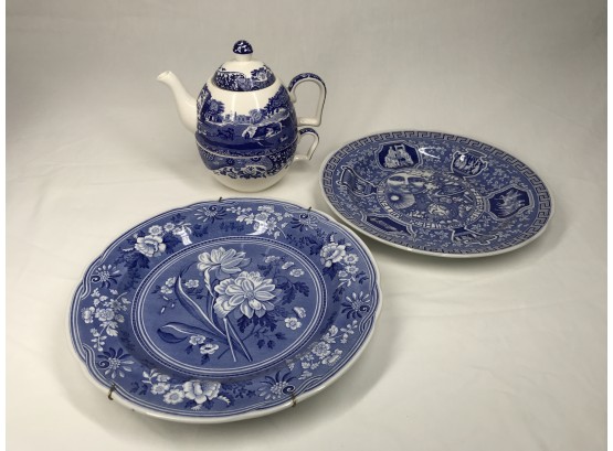 Spode Blue & White Plates & Stackable Teacup & Teapot- See Photos