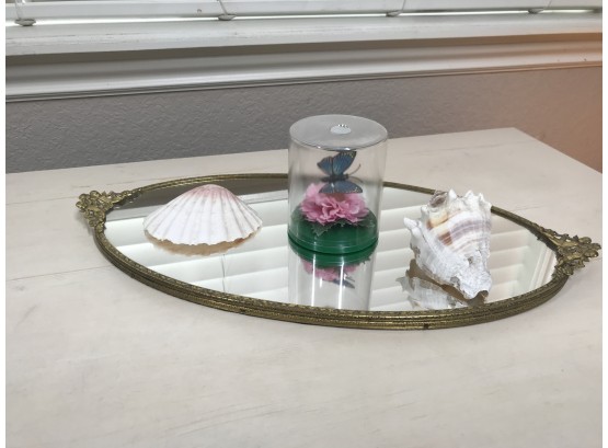 Brass Mirrored Dresser Tray With Decoration