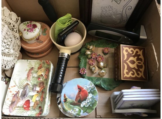 Box Of Assorted Knickknacks, Coasters, And Other Treasures