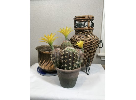 Trio OfTrio Of Home Decor Items- Wicker Vessel, Faux Blooming Cactus, Brass Pot
