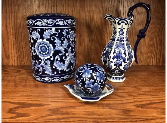Trio Of Blue And White Decorative Pottery -modern, See Photos  For Condition