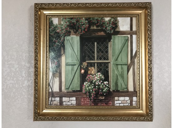 Window Scene Of Green Shutters With Flowers And Vines With Gold Frame