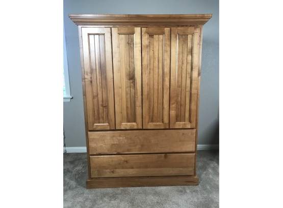 Honey Tone Wood TV Hutch With Two Bottom Drawers  See Photos For Details