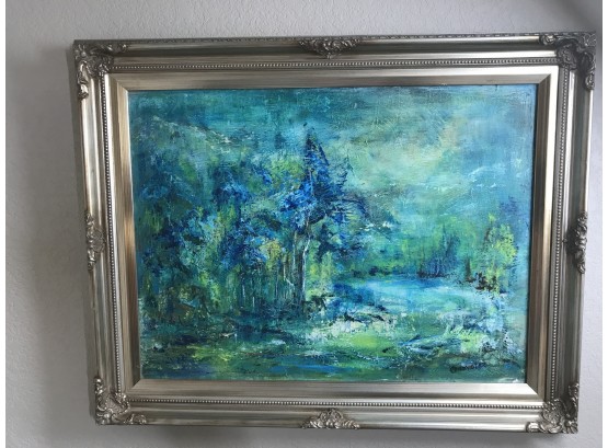 Blue AndBlue And Green Impressionistic Painting With Silver Frame