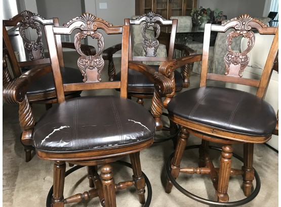 Nice Set Of Four Counter Stools That Swivel- Some Wear On One Seat -please See Photos
