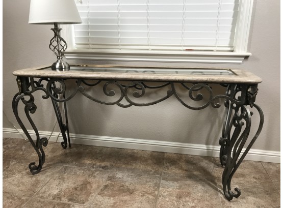Sofa/hall Table With Glass Top And Ornate Iron Base