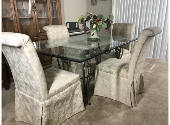 Elegant  Glass Beveled Table Top With Iron Base & Four Rolled BackRolled Back Skirted Dining Chairs