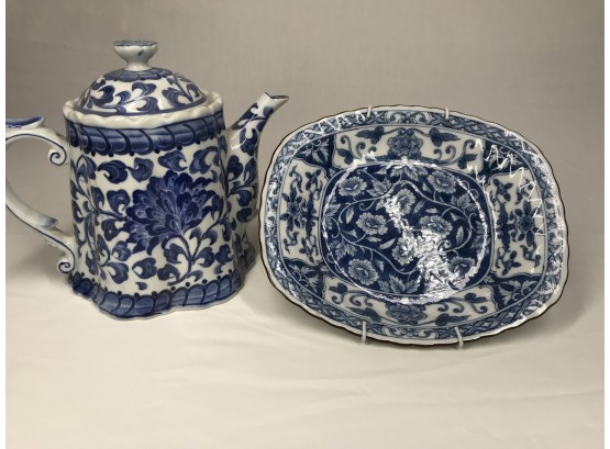 Blue Floral Plate And Teapot By Andrea Sadek