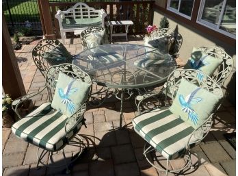 Green Metal Patio Table & 6 Chairs With Striped Seats & Hummingbird Cushions