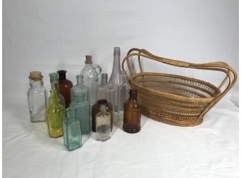 Cool Collection Of Colored Bottles & Baskett- Many Vintage- See Photos