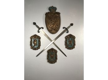 Mid Evil Inspired Display Featuring 2 Replica Metal Swords & Painted Plaster Shields