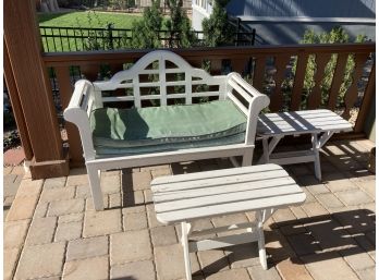 Cute White Wood Garden Bench With Two Side White Side Tables