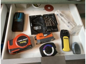 Drawer Of Assorted Tools Featuring Auto Tape, Stud Finder, Drillbits & More (see Photo)