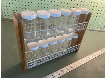 Clear Plastic Glass Jars In Wooden & Wire Rack