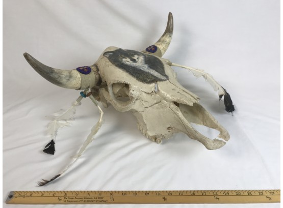 Artist Proof Hand Painted Bull Skull With Beading Work & Feathers By Ron Fanzo Wall Hanging