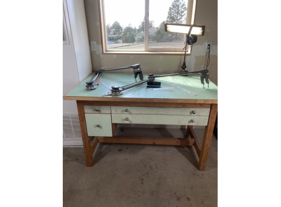 Cool Vintage Drafting Table With Vintage Fluorescent Light & Drafting Arms (see Photos)